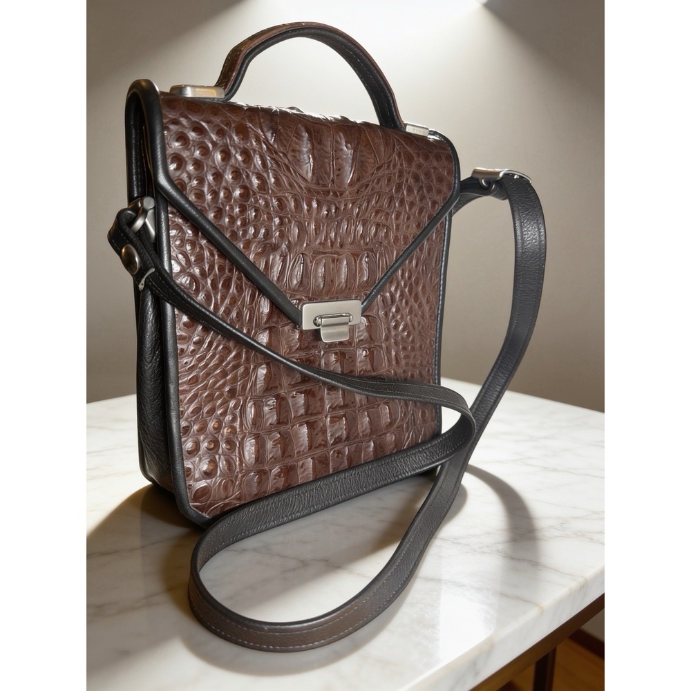 Vtg Roche "Greg'Bag" Brown/Black Croc embossed leather handbag crossbody Lk Nw